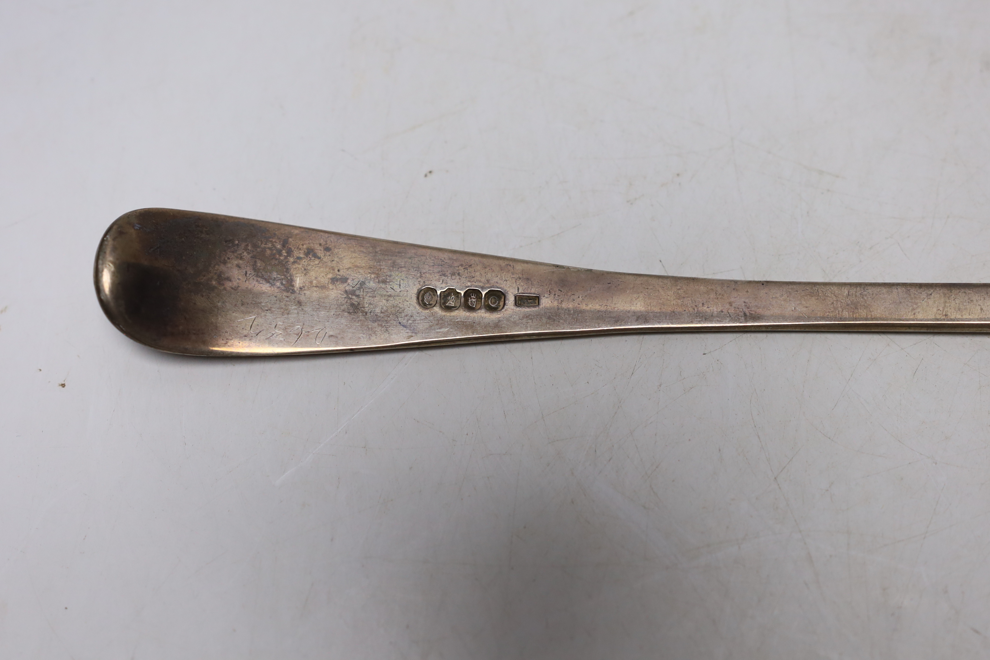 A William IV Irish silver Old English pattern soup ladle, Philip Weekes, Dublin, 1836, 35.2cm, 7.4oz.